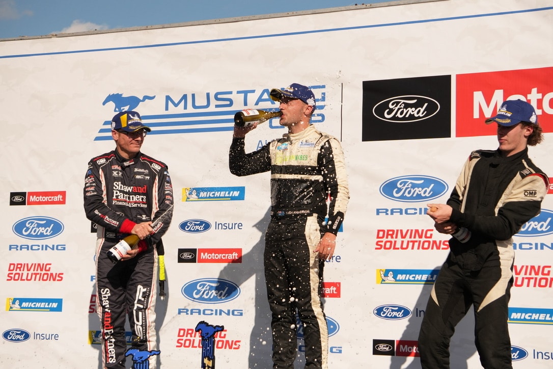 Josh Anderson celebrating on the Mustang Cup Australia podium